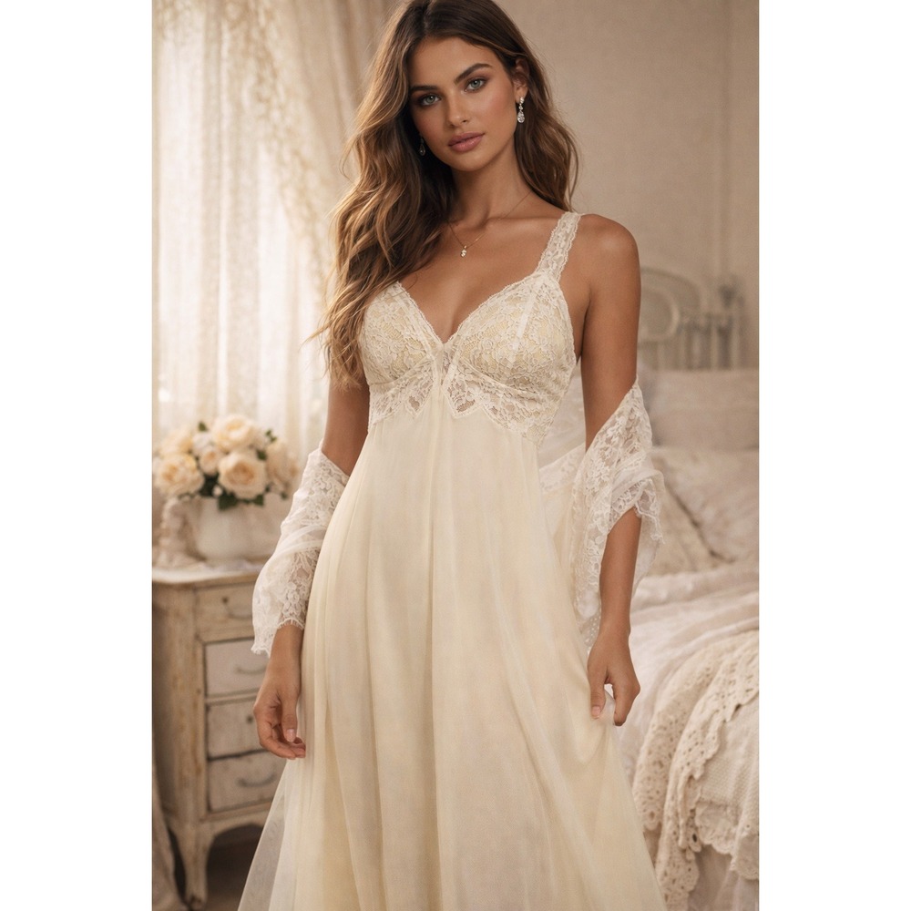 Carol Brent Vintage Yellow Lace Trim‎ Full Slip Nightgown Maxi Dress